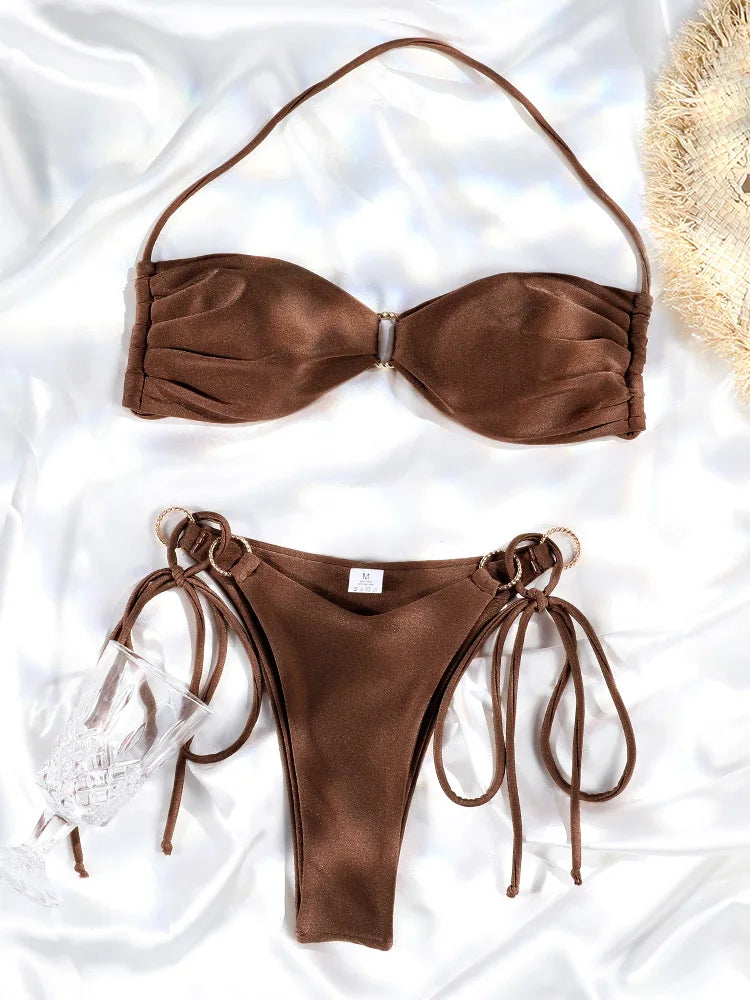 Bikini push up de color liso para mujer: bikini halter, bañador brillante, tanga de playa con banda.