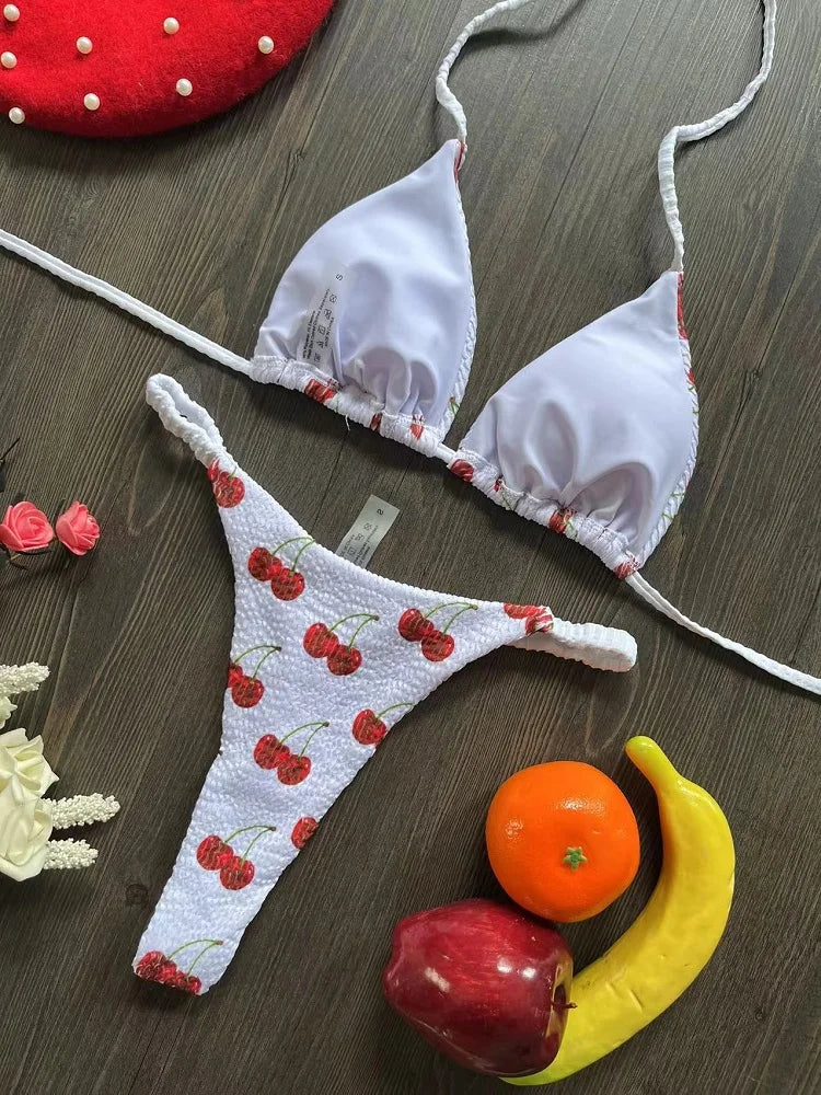 Brasilianisches Tanga-Bikini-Set 2025 mit Kirschen-Print für Damen – Sexy süße Bademode