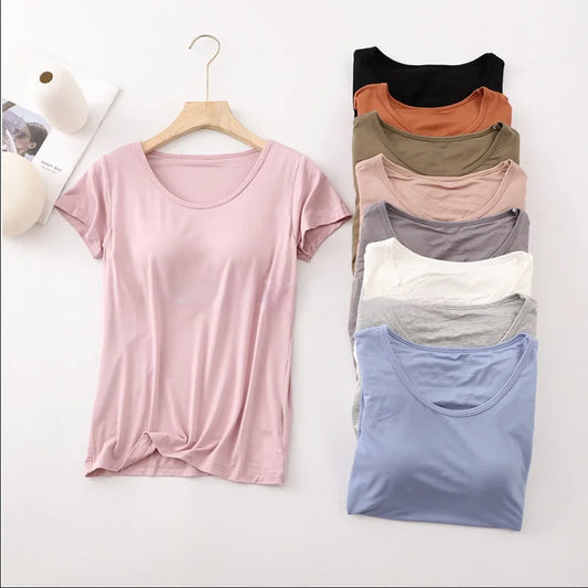 Camiseta de tejido modal con almohadilla para el pecho, sujetador de color liso para mujer, pijama de manga corta, camisa básica de verano de media manga para mujer