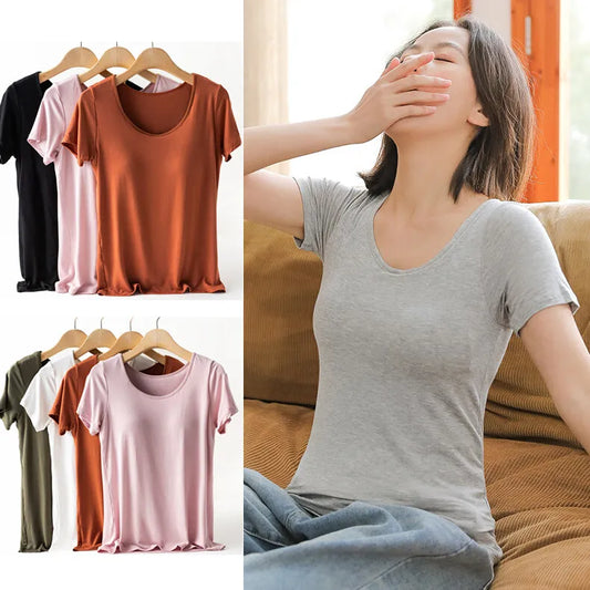 Camiseta de mujer con almohadilla para el pecho, top de una pieza con copa de sujetador, camiseta ajustada de verano para mujer, camisetas de fondo, ropa de casa, pijamas para mujer
