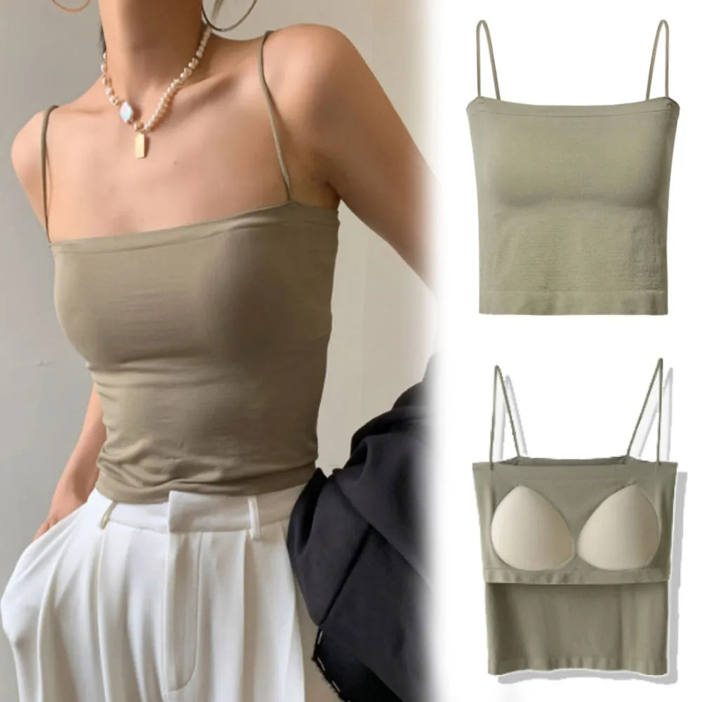 Top Female Sexy Bras - Spaghetti Strap Crop Tops, Wirefree, Seamless, with Built - In Bra