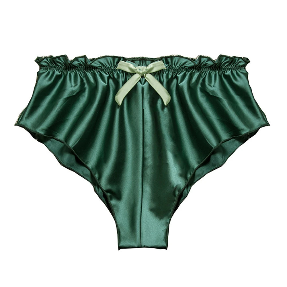Braguitas de satén de seda sintética para mujer, ropa interior con volantes, bragas suaves, pijamas cortos, bragas lisas para mujer