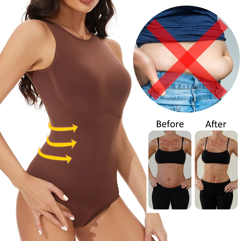 Body sin mangas con escote redondo para mujer: moldeador con tanga, moldeador de cintura y control de abdomen.