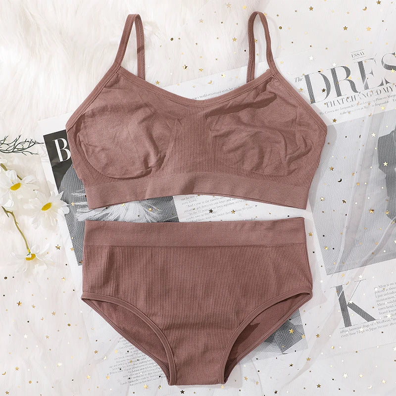 Women Sexy Unlined Push Up Bra Panties Set - Backless Bralette, Ribbed Tops, High Waist Briefs