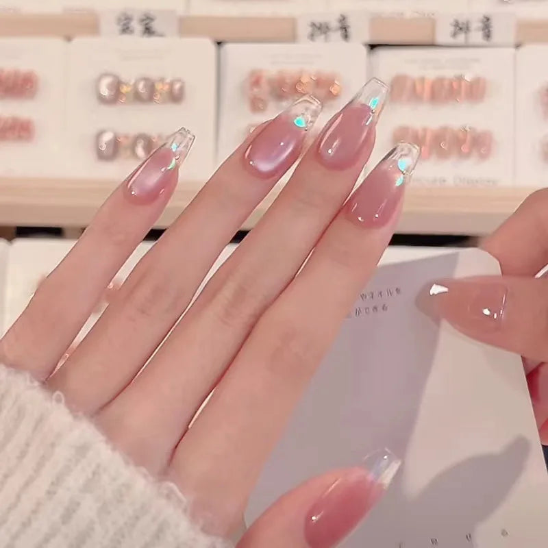 10pcs Aurora Cat Eye Coffin Handmade Press on Nails Cherry Blossom False Nails Sweet French Tip Nail Art Wearable Manicure Nails