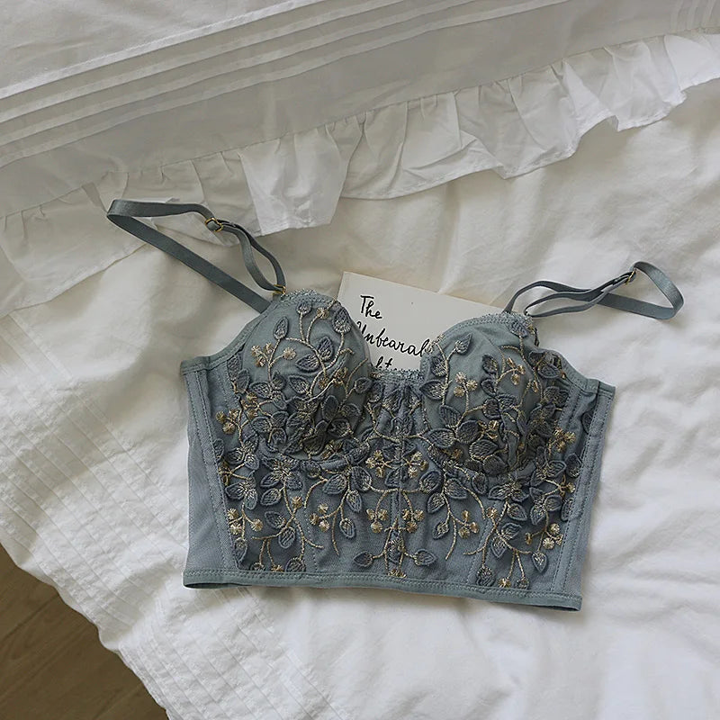 3D Embroidered Sexy Lace Fish Bone Corset Bralette with Steel Ring - 2/1 Half Cup Underwear