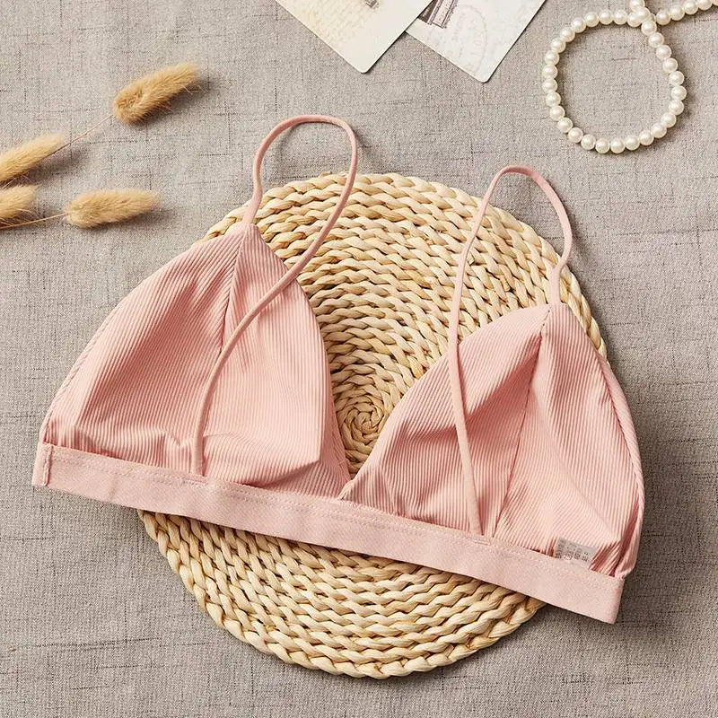 Women's Sexy Deep V-Neck French Triangle Cup Bra with Thread Thin Shoulder Strap, 5 Colors, One Size