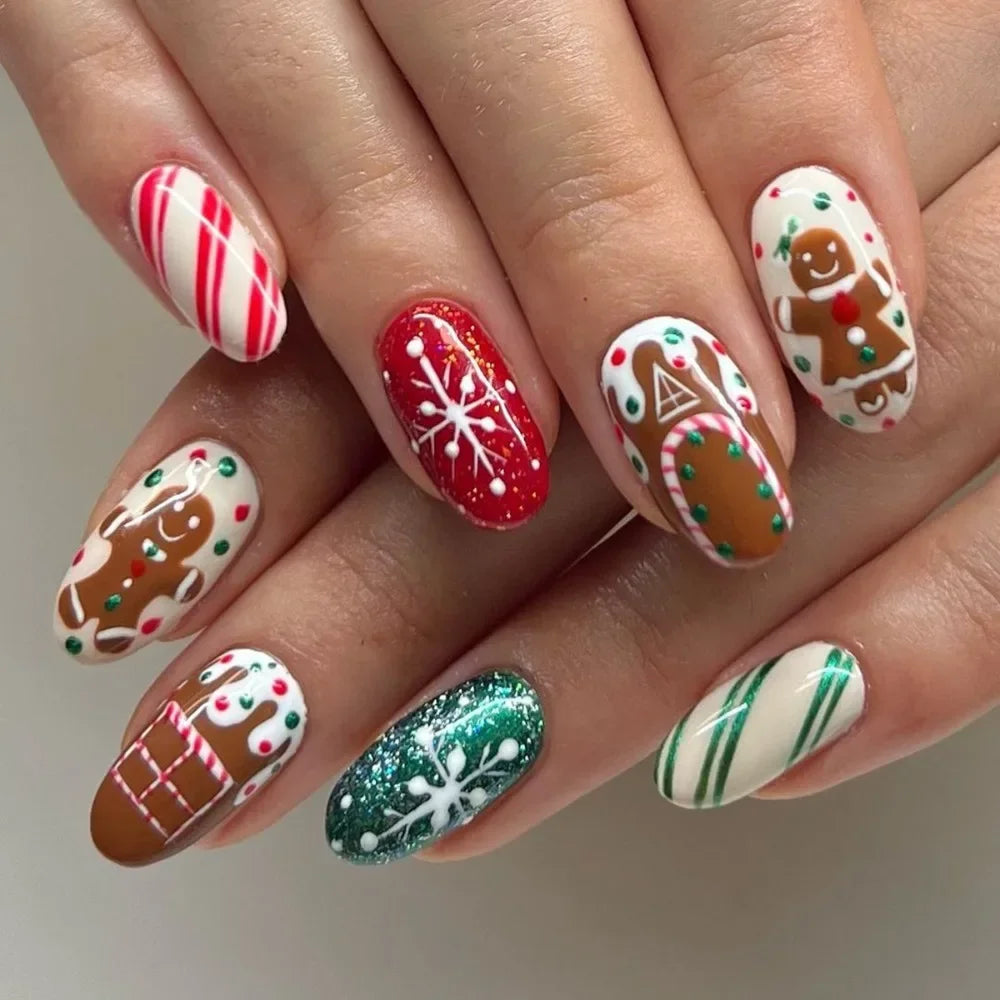 24pcs Christmas False Nail Long Ballet Nail Extension Full Cover Manicure Gingerbread Man Wearable Press On Fake Nail Nail Decor