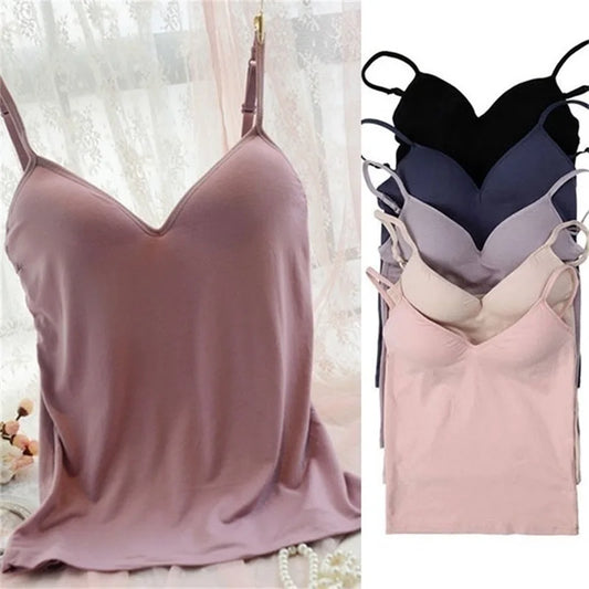 GAOKE - Camisola de tirantes finos con sujetador acolchado sólido para mujer, camisola con sujetador incorporado, 6 colores