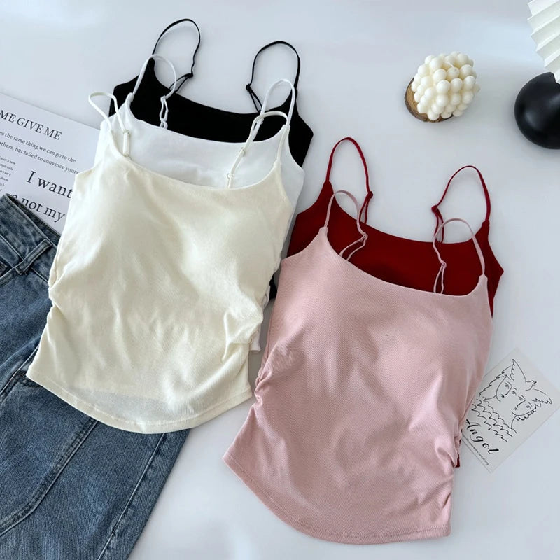 Summer Sexy Women's Camisole with Pleated Waist, All-in-one Beautiful Back & Breast Pads