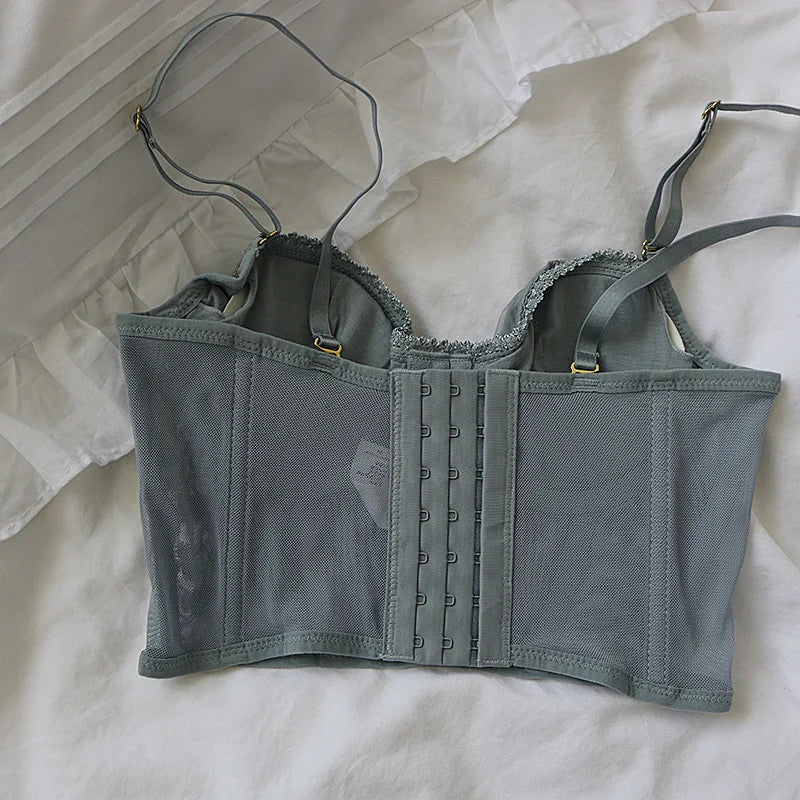 3D Embroidered Sexy Lace Fish Bone Corset Bralette with Steel Ring - 2/1 Half Cup Underwear