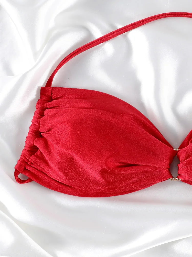 Bikini push up de color liso para mujer: bikini halter, bañador brillante, tanga de playa con banda.