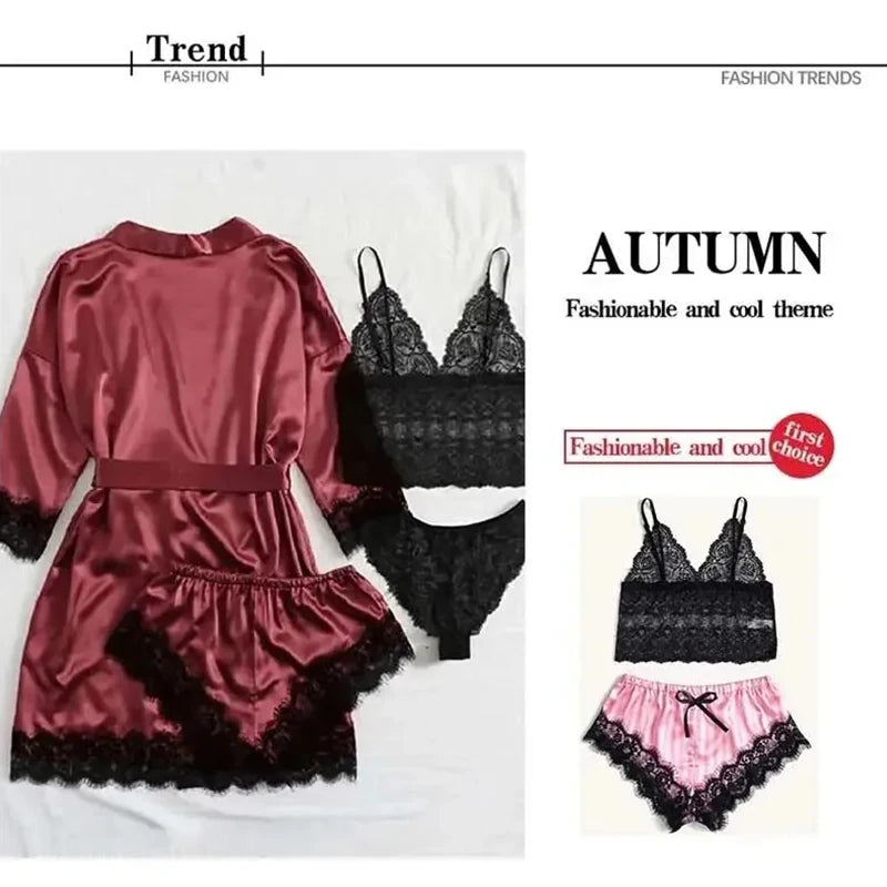 Sexy Pyjama-Set aus Kunstseidensatin mit Spitzenbesatz für Damen – hautfreundliche, bequeme Loungewear