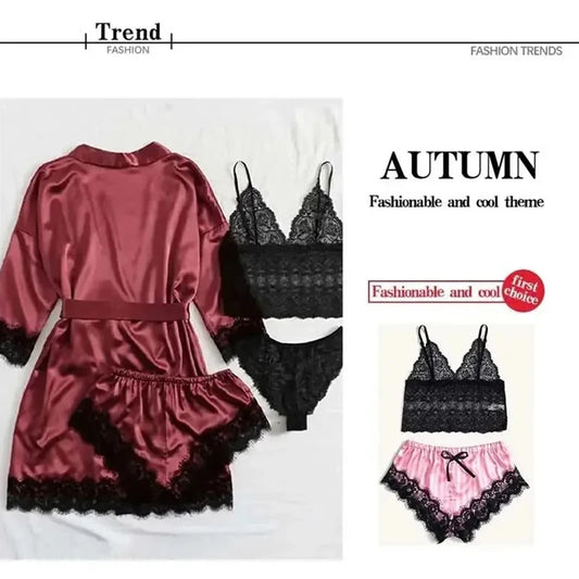Pijama sexy de satén de seda sintética con ribete de encaje para mujer: ropa de estar cómoda y agradable para la piel