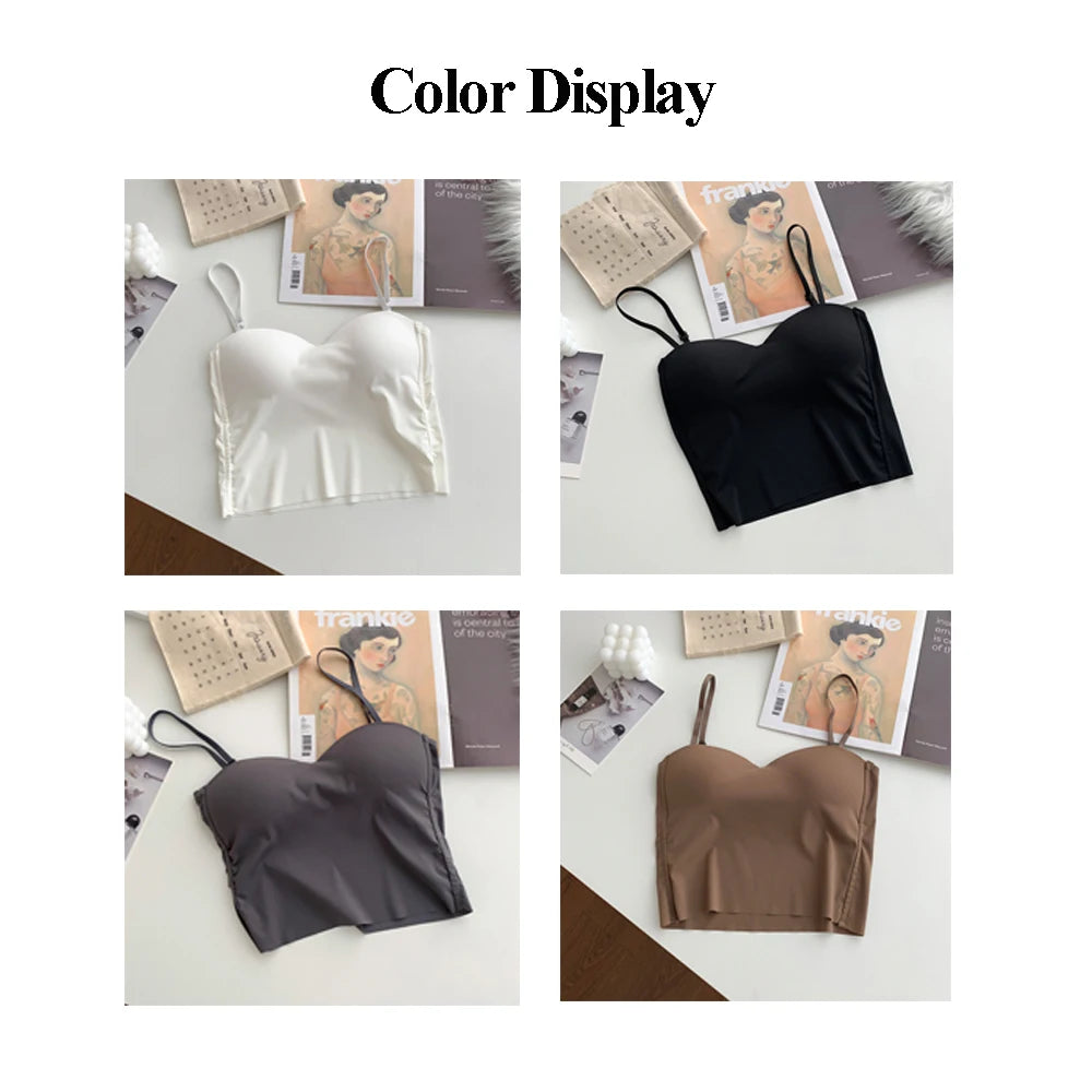 ITOOLIN - Camisetas sin espalda de moda, lindas camisetas cortas para mujer, camisola elástica delgada de seda helada, camisola de espagueti para mujer con almohadilla de sujetador
