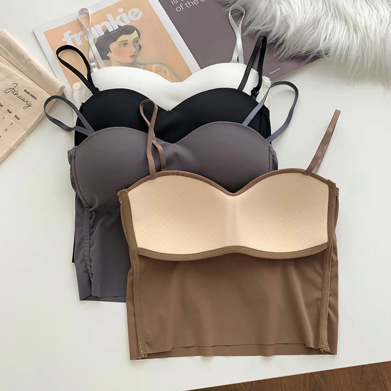 ITOOLIN - Camisetas sin espalda de moda, lindas camisetas cortas para mujer, camisola elástica delgada de seda helada, camisola de espagueti para mujer con almohadilla de sujetador