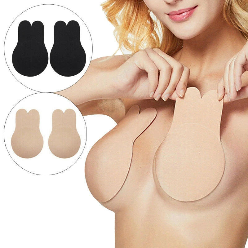 Sujetador invisible push up de silicona sin tirantes para mujer, reutilizable, autoadhesivo, con cubrepezones de conejo.