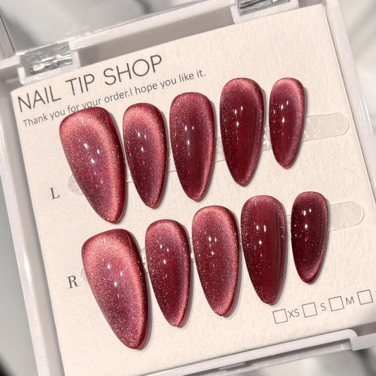 10 uñas postizas brillantes hechas a mano, color cereza, almendra, diseño de ojo de gato, uñas postizas brillantes, extraíbles, para manicura de mujer.