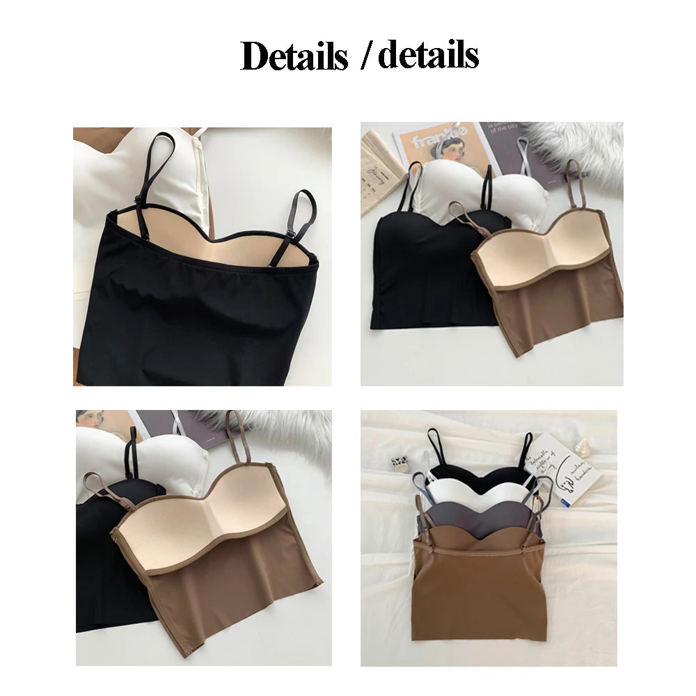 ITOOLIN - Camisetas sin espalda de moda, lindas camisetas cortas para mujer, camisola elástica delgada de seda helada, camisola de espagueti para mujer con almohadilla de sujetador