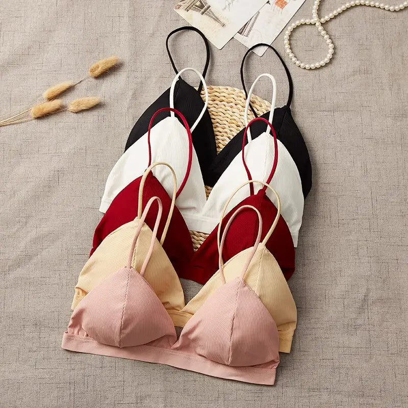 Women's Sexy Deep V-Neck French Triangle Cup Bra with Thread Thin Shoulder Strap, 5 Colors, One Size