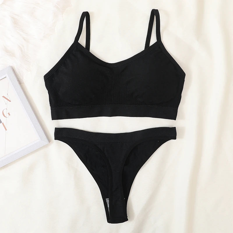 Women's Ribbed Bralette & Thong Sexy Seamless Underwear Set - Comfortable Wireless Bra with Removable Pads
