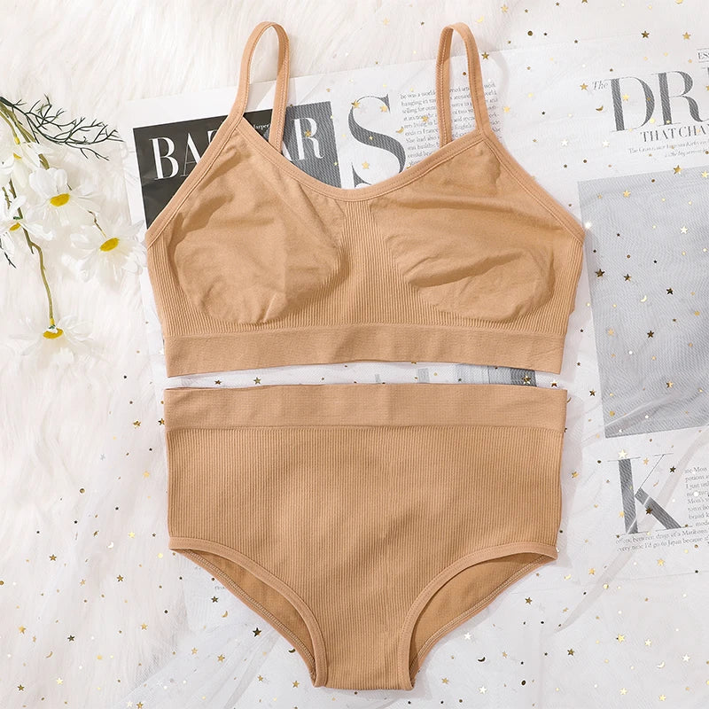 Women Sexy Unlined Push Up Bra Panties Set - Backless Bralette, Ribbed Tops, High Waist Briefs