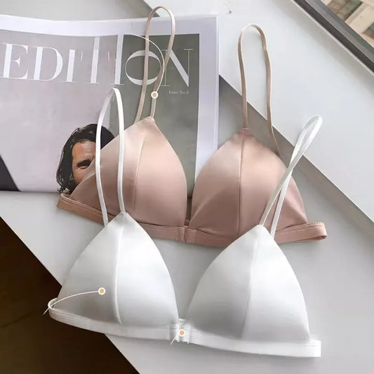 Dünner Cup, bequeme Unterwäsche mit Schnalle vorne und gekreuztem Rücken, sexy Triangel-BH aus französischem Satin