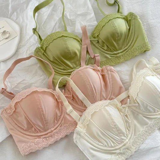 Sujetador push-up con aros y borde de encaje dulce para mujer, lencería de media copa, copa fina con conjunto de sujetador antiflacidez