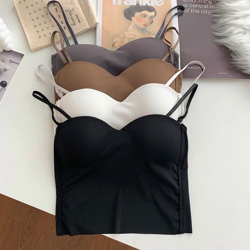 ITOOLIN - Camisetas sin espalda de moda, lindas camisetas cortas para mujer, camisola elástica delgada de seda helada, camisola de espagueti para mujer con almohadilla de sujetador