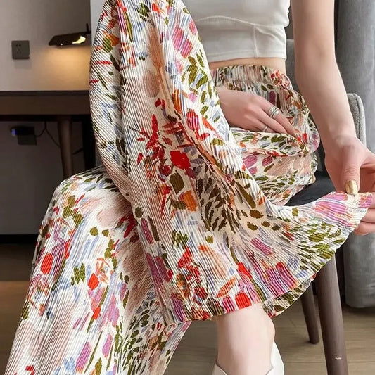 Pantalones de playa rectos de pierna ancha y seda helada con cintura elástica y estampado fino de verano para mujer, plisados, de cintura alta, a la moda, M52
