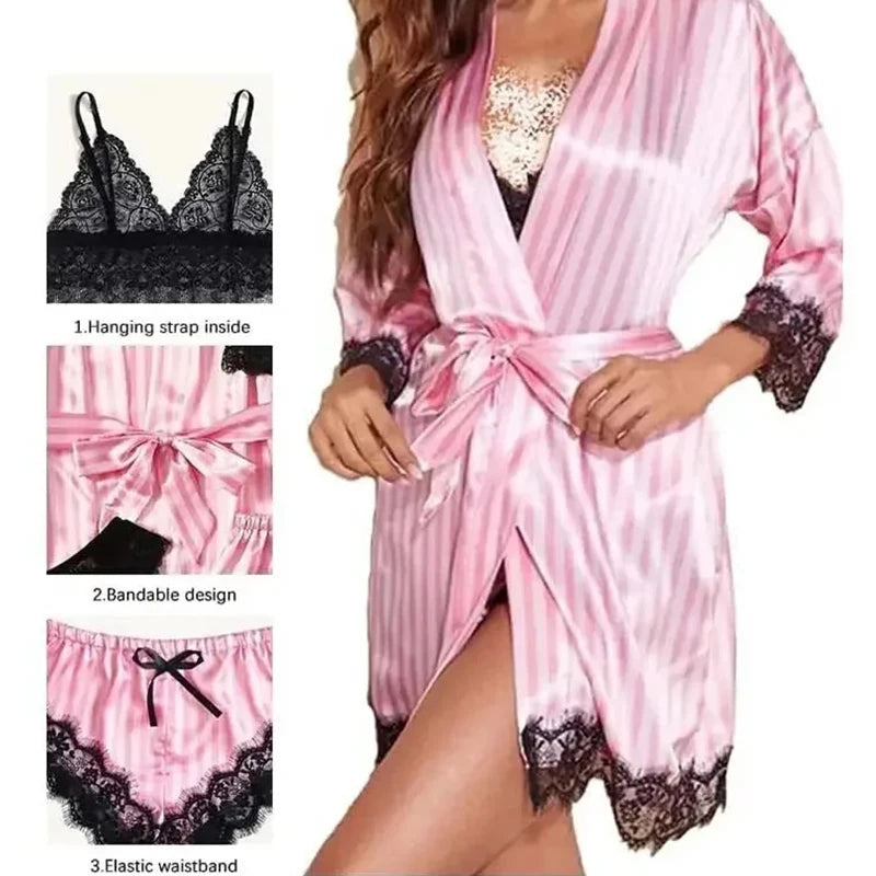Sexy Pyjama-Set aus Kunstseidensatin mit Spitzenbesatz für Damen – hautfreundliche, bequeme Loungewear