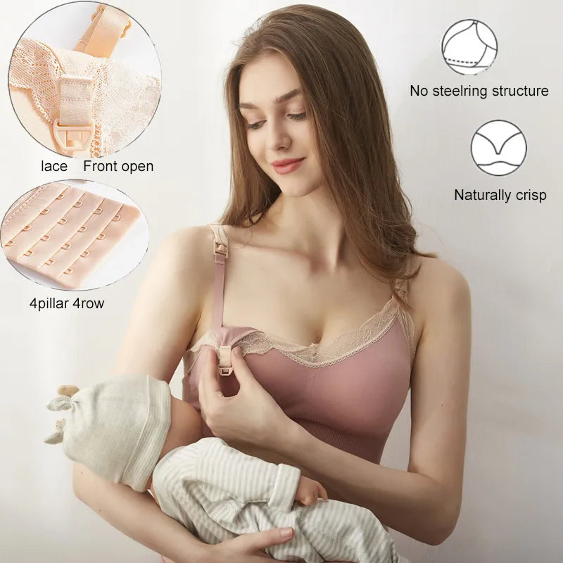 Wireless Front Open Nursing Bra - Soft Lace, Breathable & Seamless for Pregnant Women