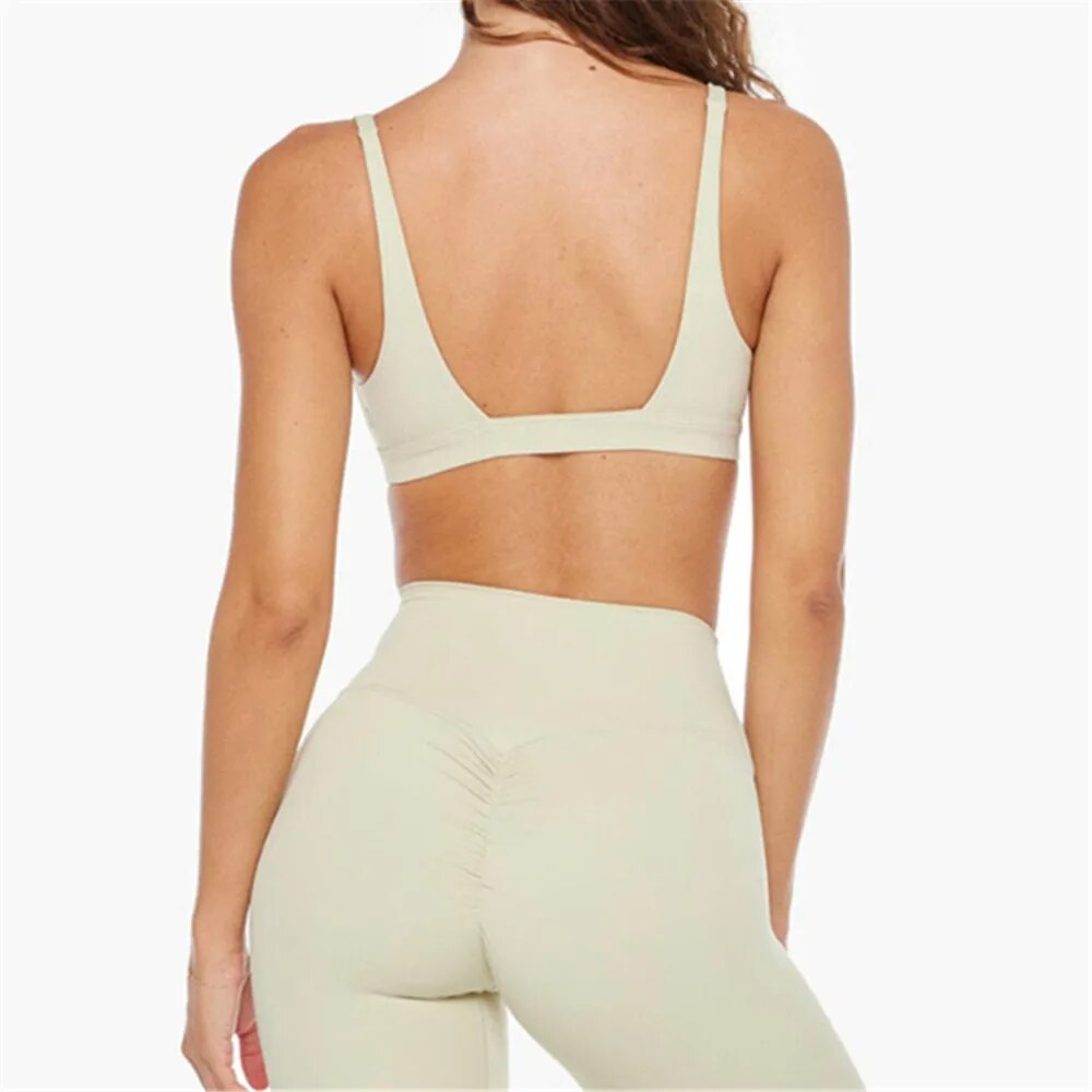 2025 Nude Deep V Neck Sport Bra Women Yoga Sets Workout Gym Scrunch High Waist Fitness Push Up Shorts Running Avtive Suits