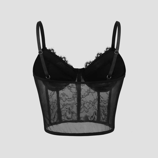 Sujetador negro semitransparente sexy de malla con efecto push up para mujer, top de tubo, corsé, chaleco tipo corpiño, top corto para fiesta en club, lencería elegante