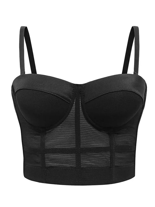 Sujetador push up de malla transparente negro sexy - Lencería para fiesta de club para mujer, talla grande