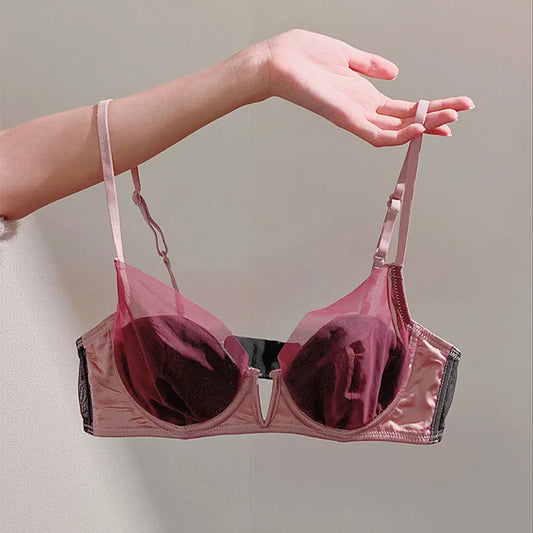 Ropa interior sexy de malla francesa suave Sujetador push-up de copa fina Sujetador con aros suaves