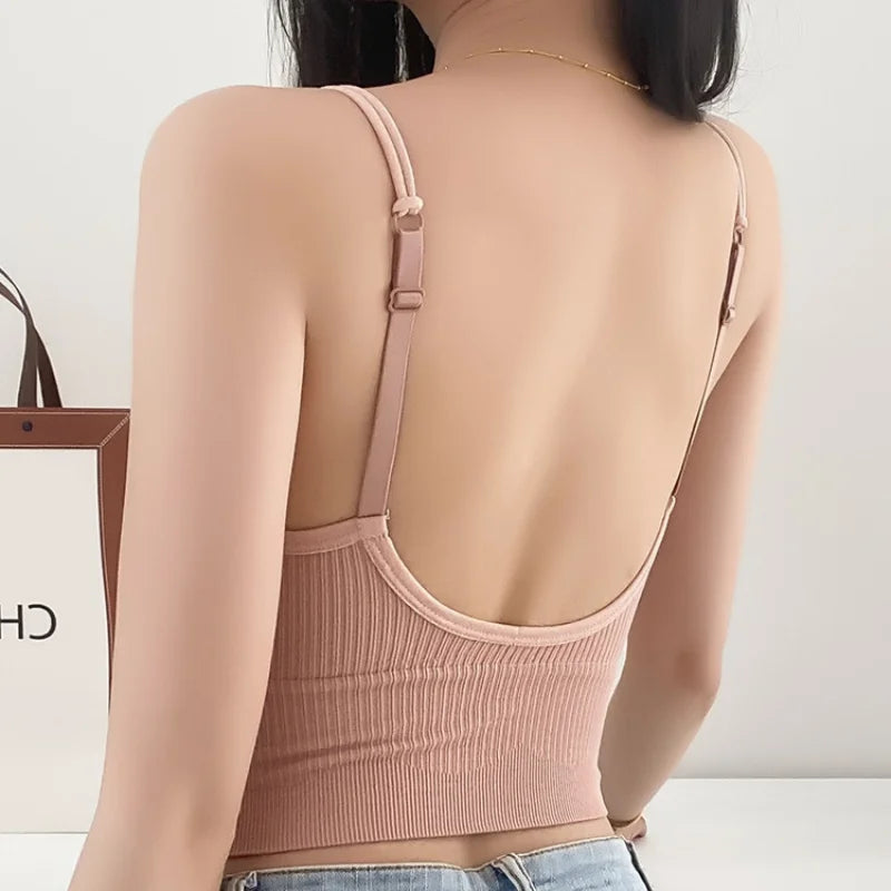 Women's Seamless Crop Tops - Sports Tank Top, Vneck Ribbed Bralette, Sexy Lingerie Cami
