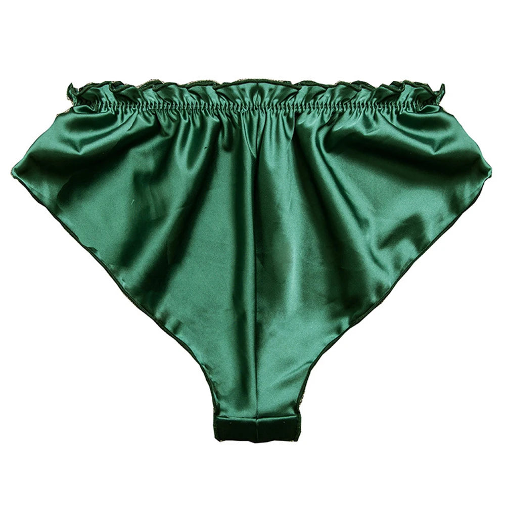 Braguitas de satén de seda sintética para mujer, ropa interior con volantes, bragas suaves, pijamas cortos, bragas lisas para mujer