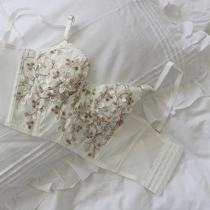 3D Embroidered Sexy Lace Fish Bone Corset Bralette with Steel Ring - 2/1 Half Cup Underwear