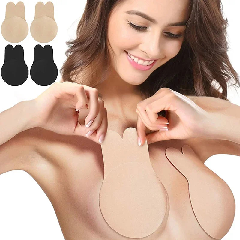 Sujetador invisible push up de silicona sin tirantes para mujer, reutilizable, autoadhesivo, con cubrepezones de conejo.