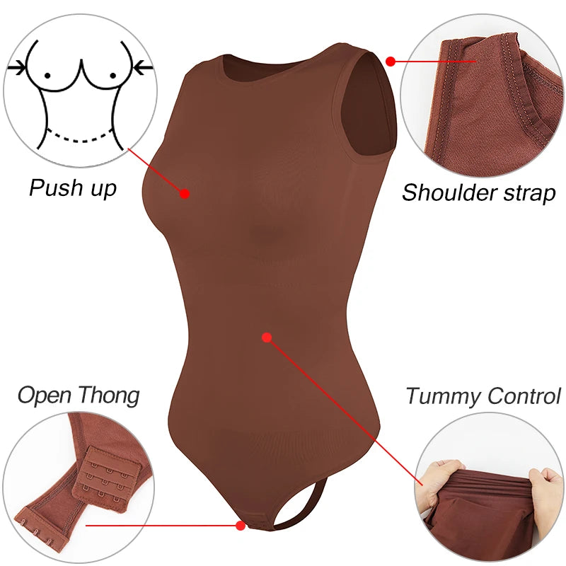 Body sin mangas con escote redondo para mujer: moldeador con tanga, moldeador de cintura y control de abdomen.