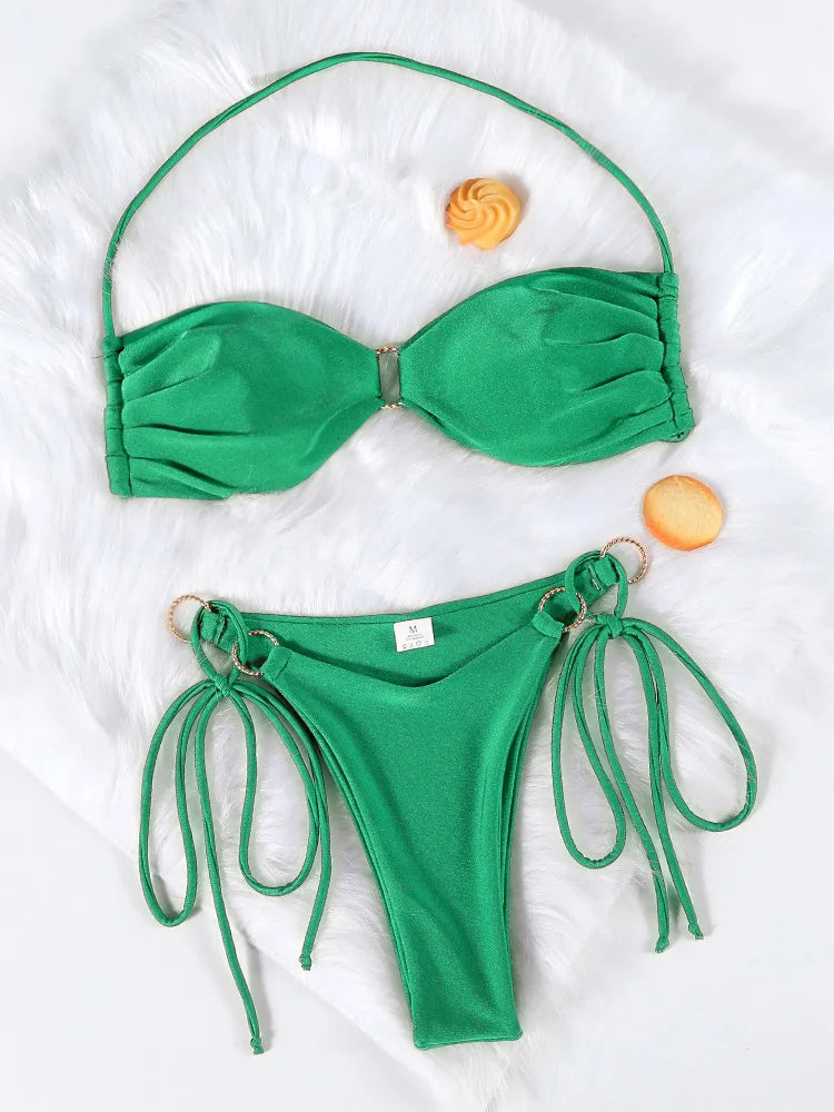 Bikini push up de color liso para mujer: bikini halter, bañador brillante, tanga de playa con banda.