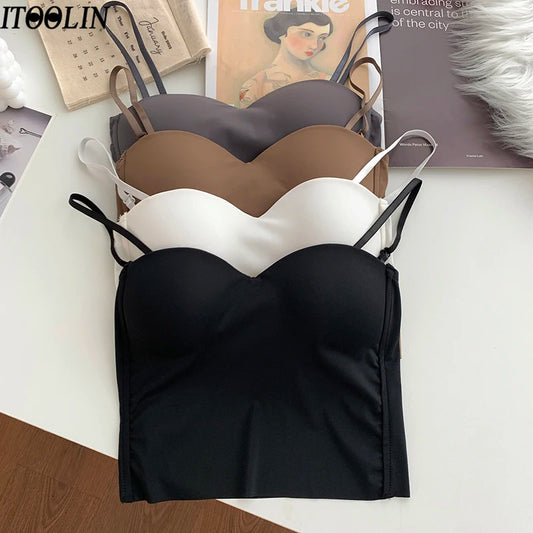 ITOOLIN - Camisetas sin espalda de moda, lindas camisetas cortas para mujer, camisola elástica delgada de seda helada, camisola de espagueti para mujer con almohadilla de sujetador