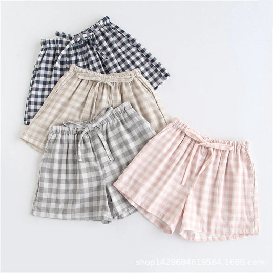 Pijamas de verano para parejas, pantalones cortos de gasa de algodón, estilo japonés, cintura elástica sencilla, informales, de gran tamaño, con entramado, para hombre y mujer, pantalones de casa.
