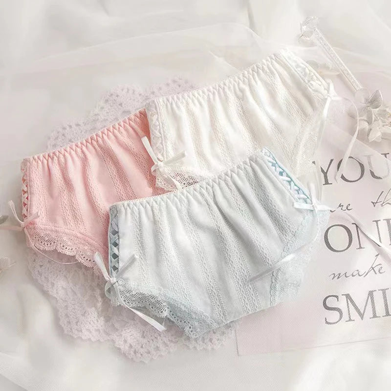 Women's French Romantic Sexy White Lace Up Cotton Underpants - Low Waist Japanese Pure Desire Briefs for Summer