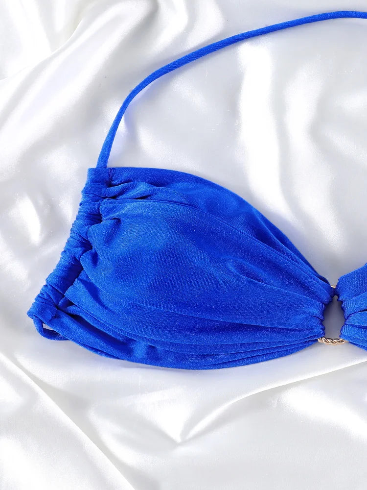 Bikini push up de color liso para mujer: bikini halter, bañador brillante, tanga de playa con banda.