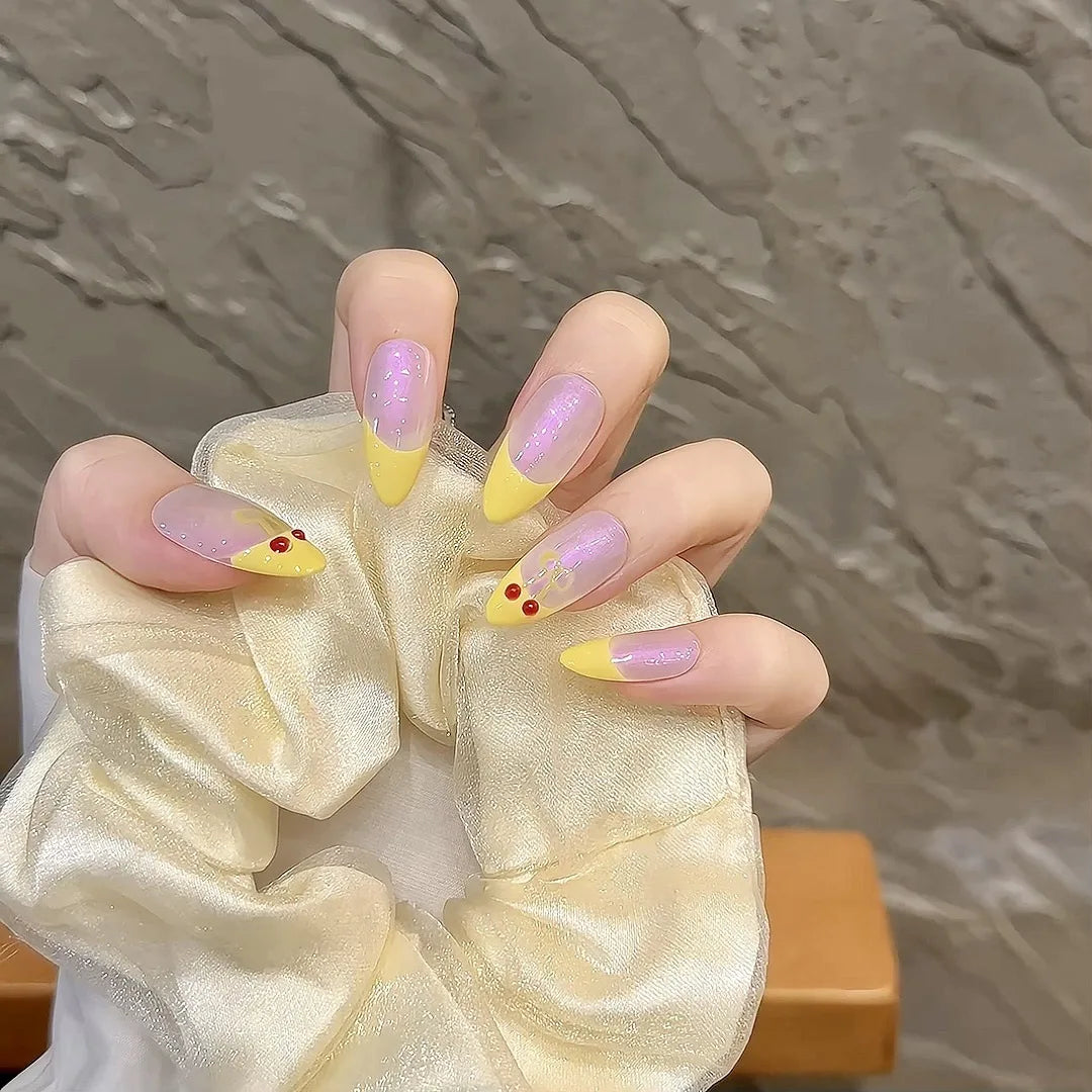 Handmade Press on Nails Cute Bear Fake Nails 3D Strawberry Design Sweet Yellow French False Nails Girl Lady Wearable Full Cover