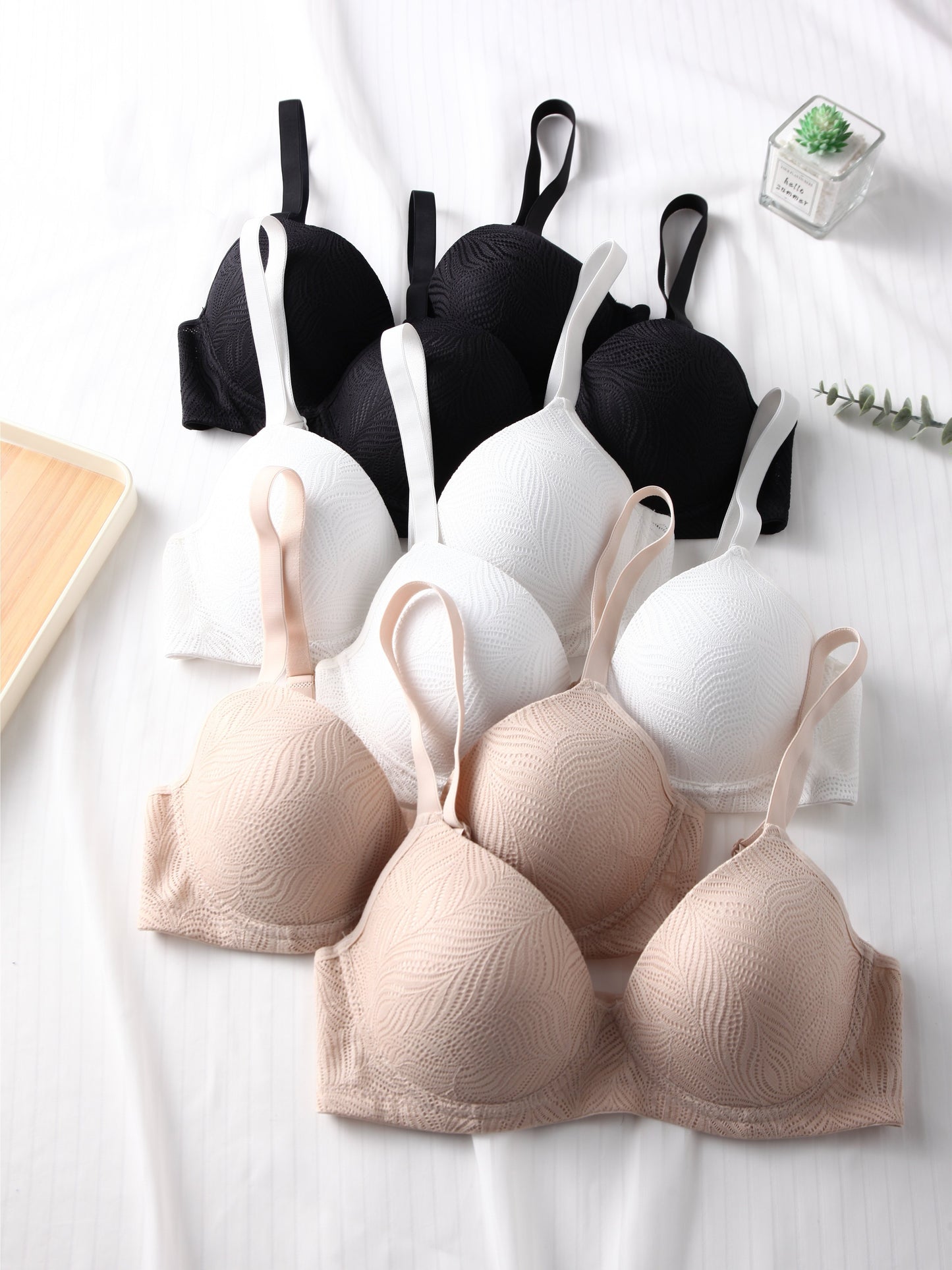 6pcs Solid Jacquard Bra Set - Push Up & Breathable