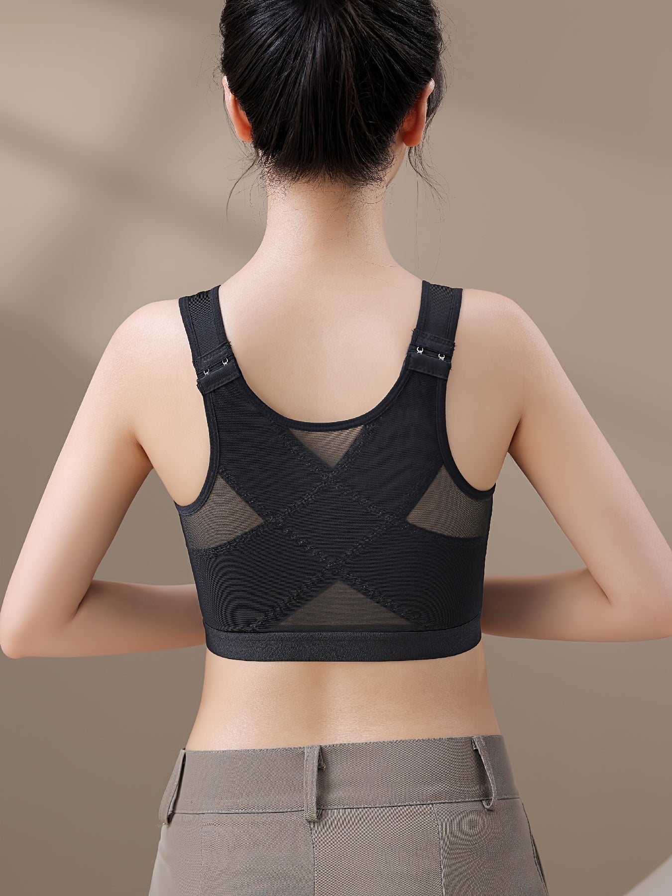 Damen-Sport-BH mit Frontverschluss und Kontrast-Netzstoff für postoperative Anwendungen (Dessous und Unterwäsche)