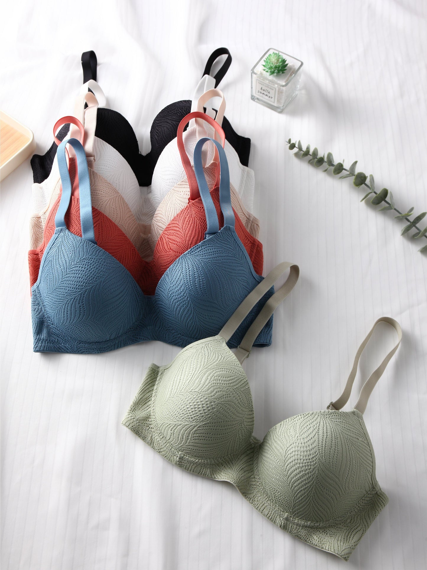 6pcs Solid Jacquard Bra Set - Push Up & Breathable